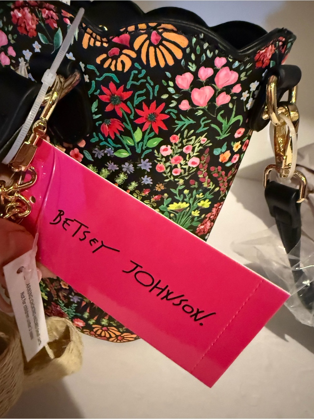 Betsey Johnson Black Floral Tote with Pink & Green Accents - Picture 11 of 16